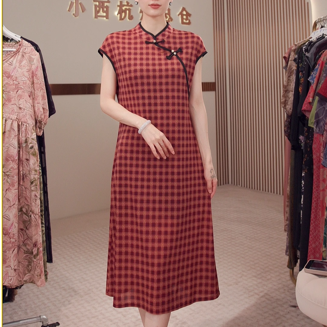 【黄小西】8082-2206#新款新中式斜门襟冰感丝格子旗袍连衣裙