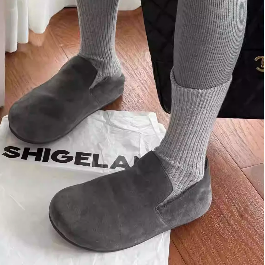 诗姗姗真皮休闲平底一脚蹬加绒勃肯鞋0910
