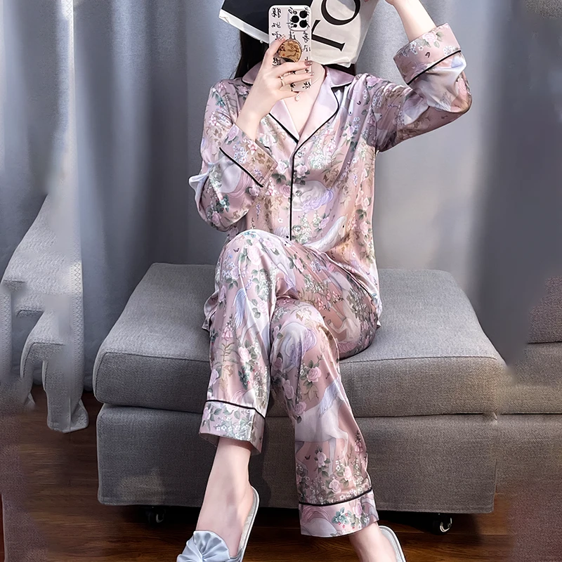 苏杭白马花卉新款夏季女士薄款睡衣凉感冰雪丝丝绸居家服可外穿