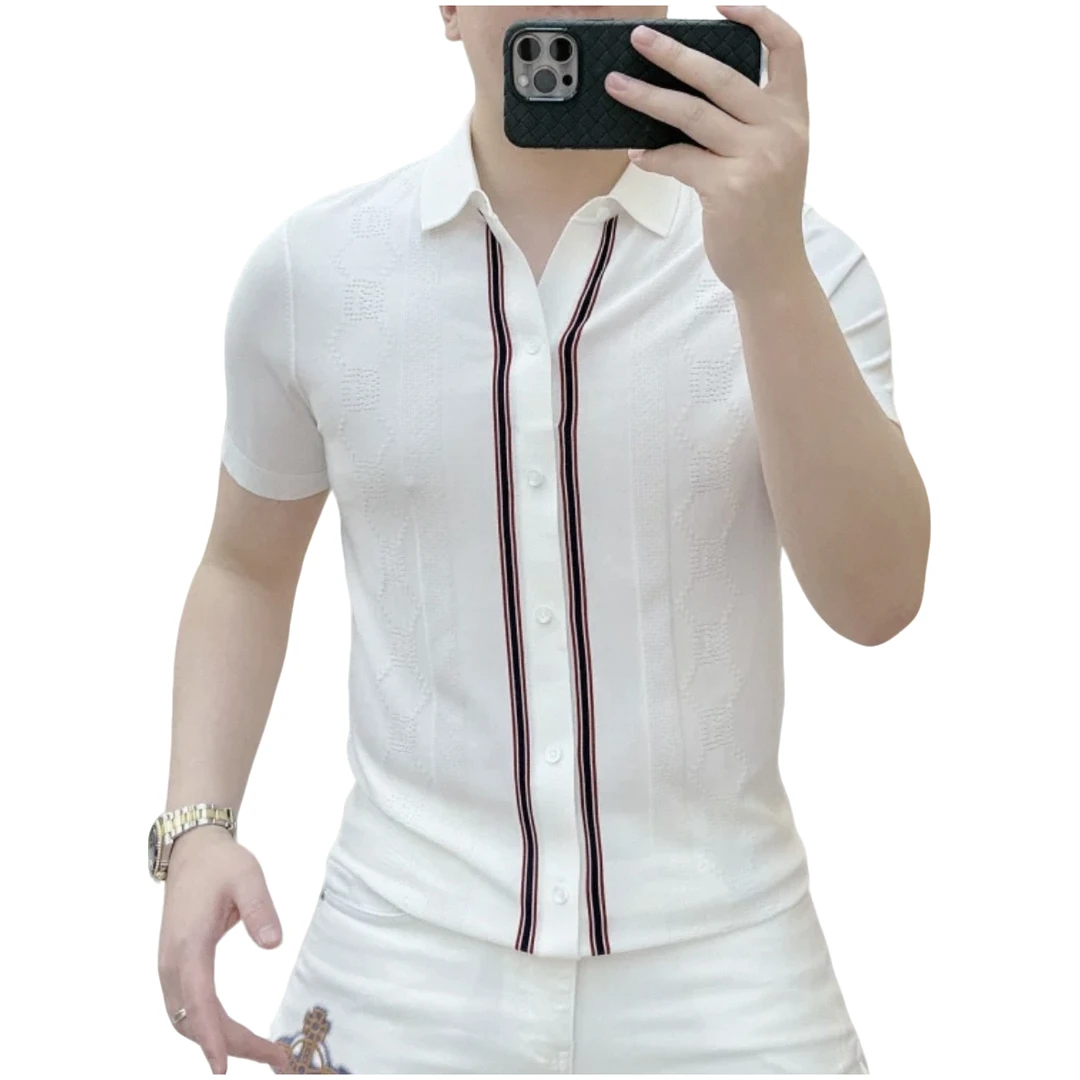 2025夏季新款潮牌网红冰丝针织短袖Polo衫男时尚休闲条纹翻领潮T