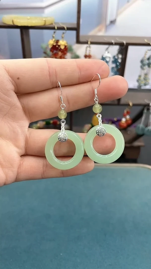 银S925镶嵌软玉耳饰24mm晴水圈圈耳钩