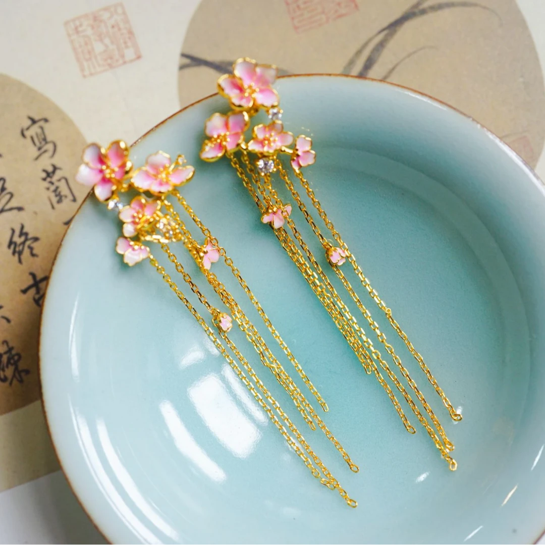 在忆 925银珐琅耳饰 925银镀金镶桃花流苏耳饰