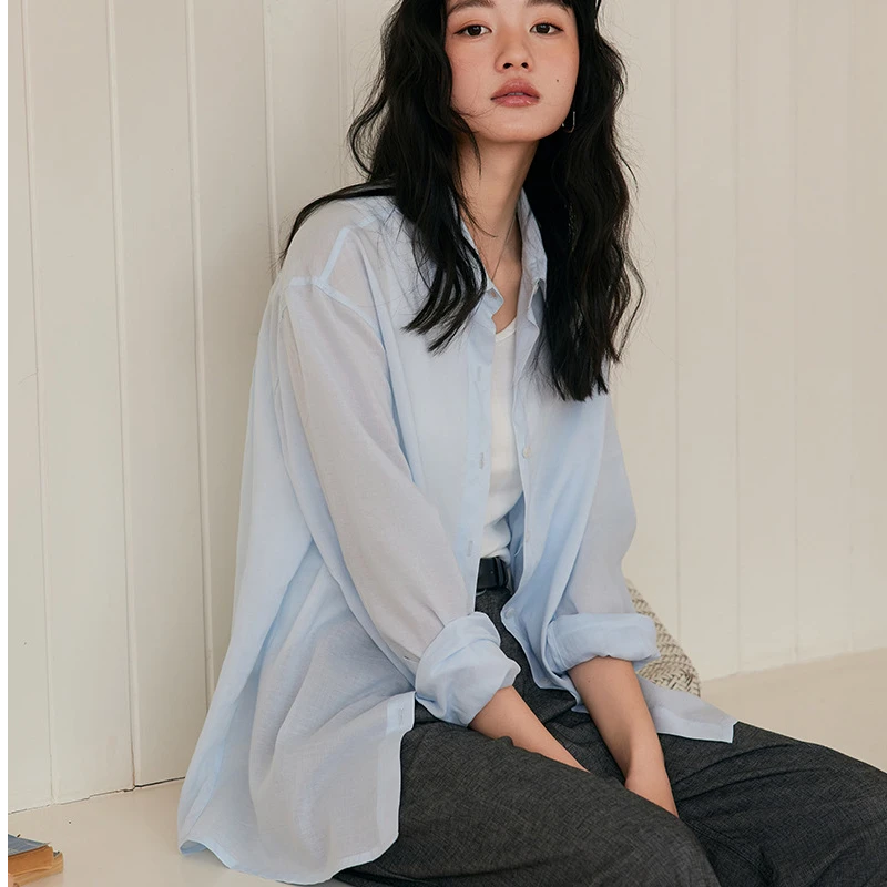 兰精天丝亚麻衬衫春夏新款宽松防晒空调衫轻薄纽扣莱赛尔上衣