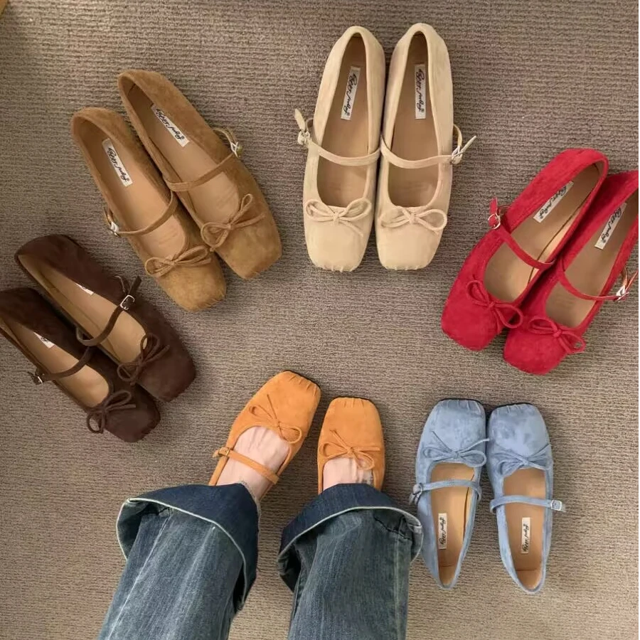 法式仙女风绒面方头单鞋女2025年春秋新款蝴蝶结通勤平底玛丽珍鞋