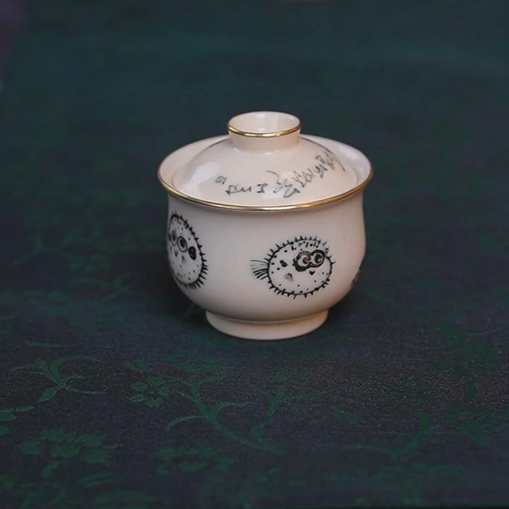 【半闲】云山堂 | 栖云全手工诧寂风开片墨黑包铜口河豚盖碗