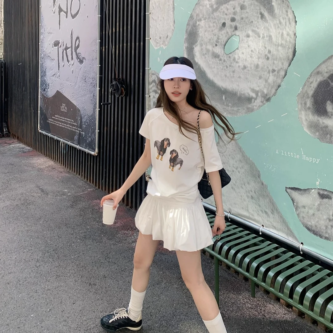 洋气衣服白色短袖t恤女夏季女装宽松纯欲慵懒露肩一字肩斜肩上衣
