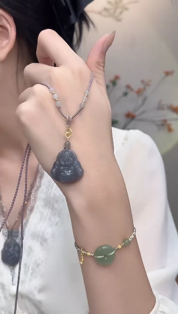 吊坠(赠链)18K金镶嵌和田玉天然和田玉胭紫佛公多样性发一件