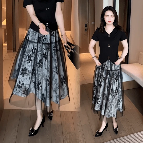 2025碎花网纱裙显瘦女装夏季半身裙高腰显瘦洋气时尚中长款裙子潮