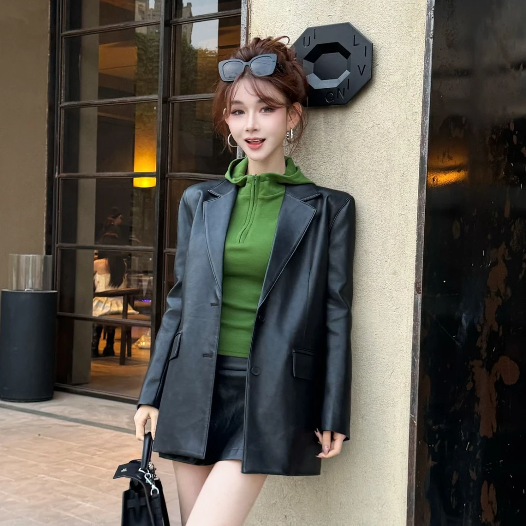 【油墨胶片】 气质pu皮廓形宽松显瘦夹羽绒加厚西装外套