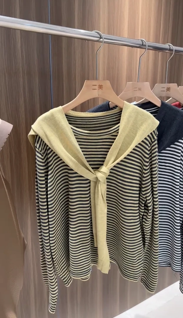 高端欧货2025年秋季新款圆领条纹披肩长袖针织衫女高级感减龄上衣