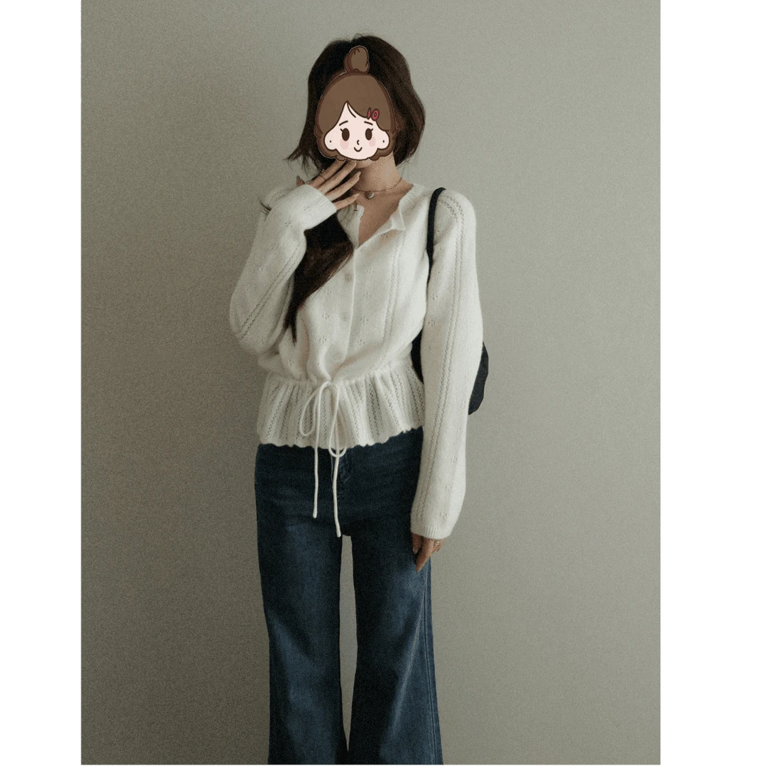 针织衫韩系圆领蕾丝拼接收腰系带2025年秋季新款宽松洋气针织毛衣