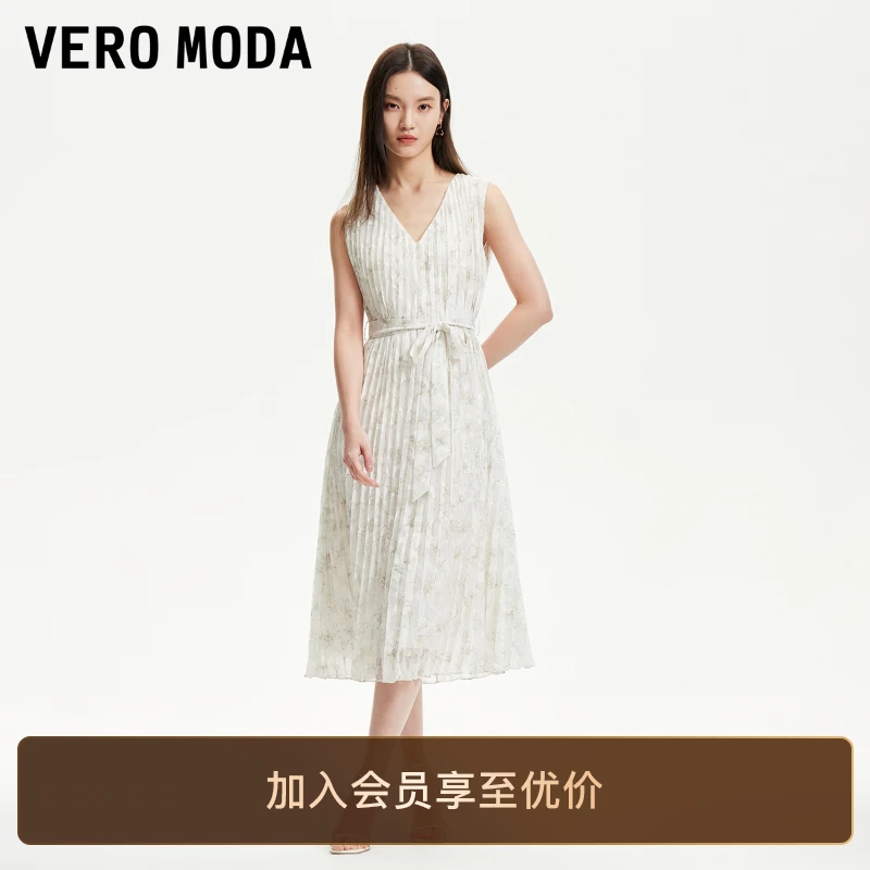 Vero Moda连衣裙25新款浪漫印花压褶无袖V领小众连衣裙松弛感贵气
