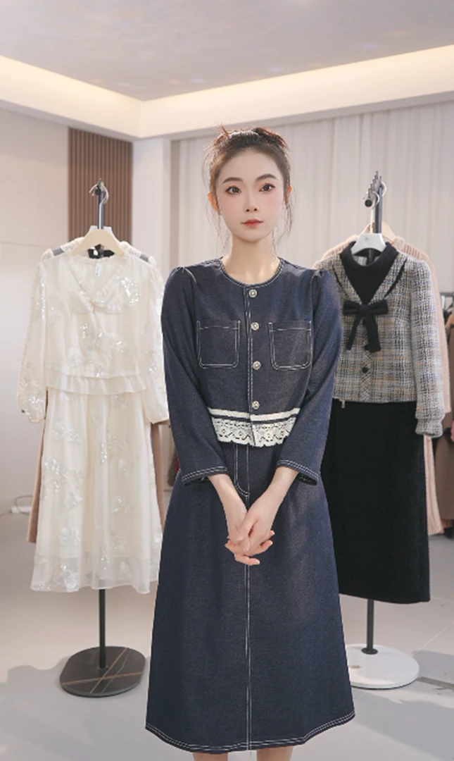 M0121 新款春秋季新中式收腰长裙气质连衣裙女