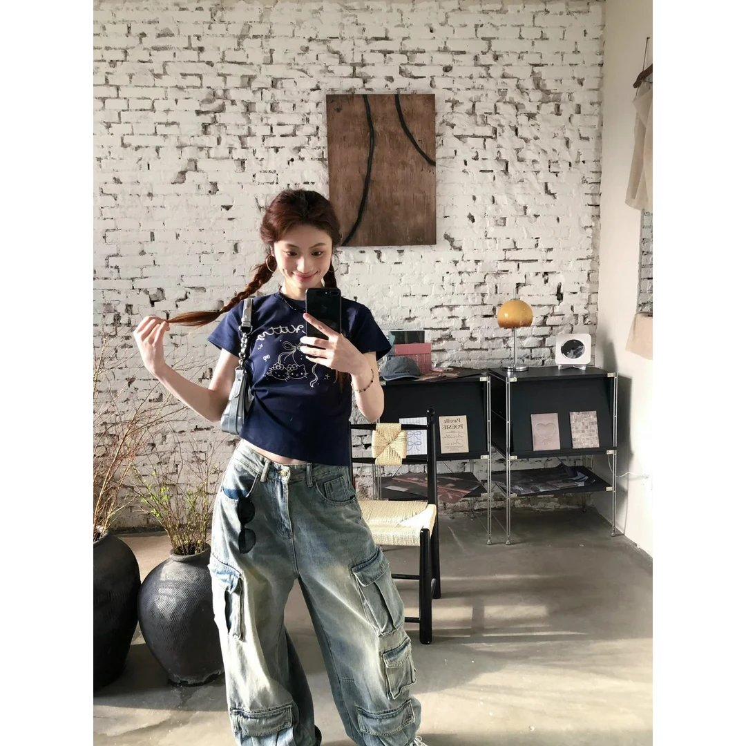 夏季新款正肩圆领修身短袖t恤女辣妹纯欲风穿搭小众设计印花上衣