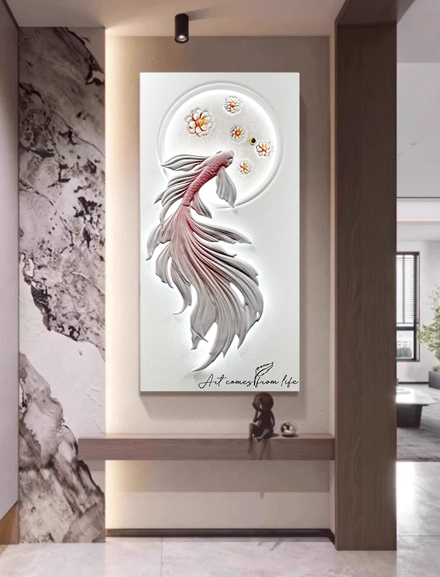 立体砂岩奶油风锦鲤浮雕灯光画玄关客厅走廊过道装饰画3D