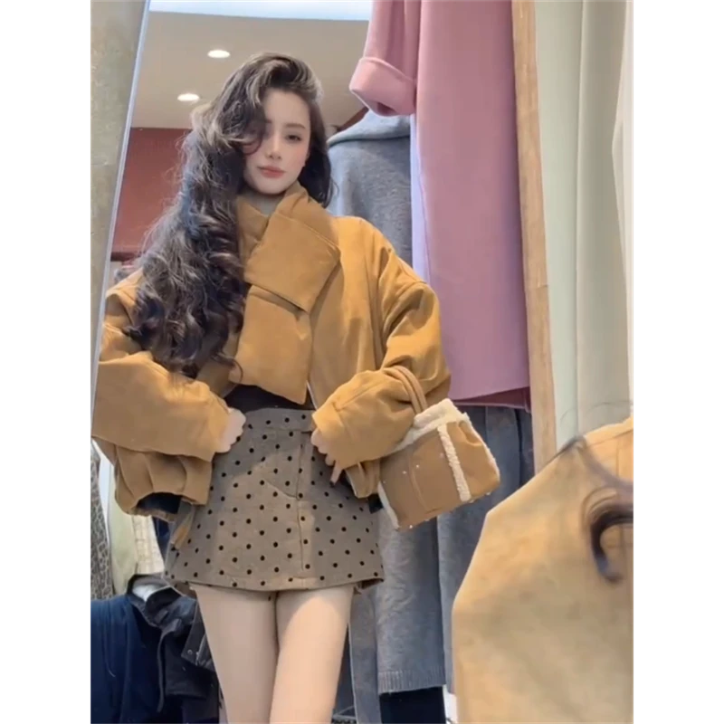 美式复古带围脖小个子短款拉链外套女2025冬季爆款波点短裙两件套