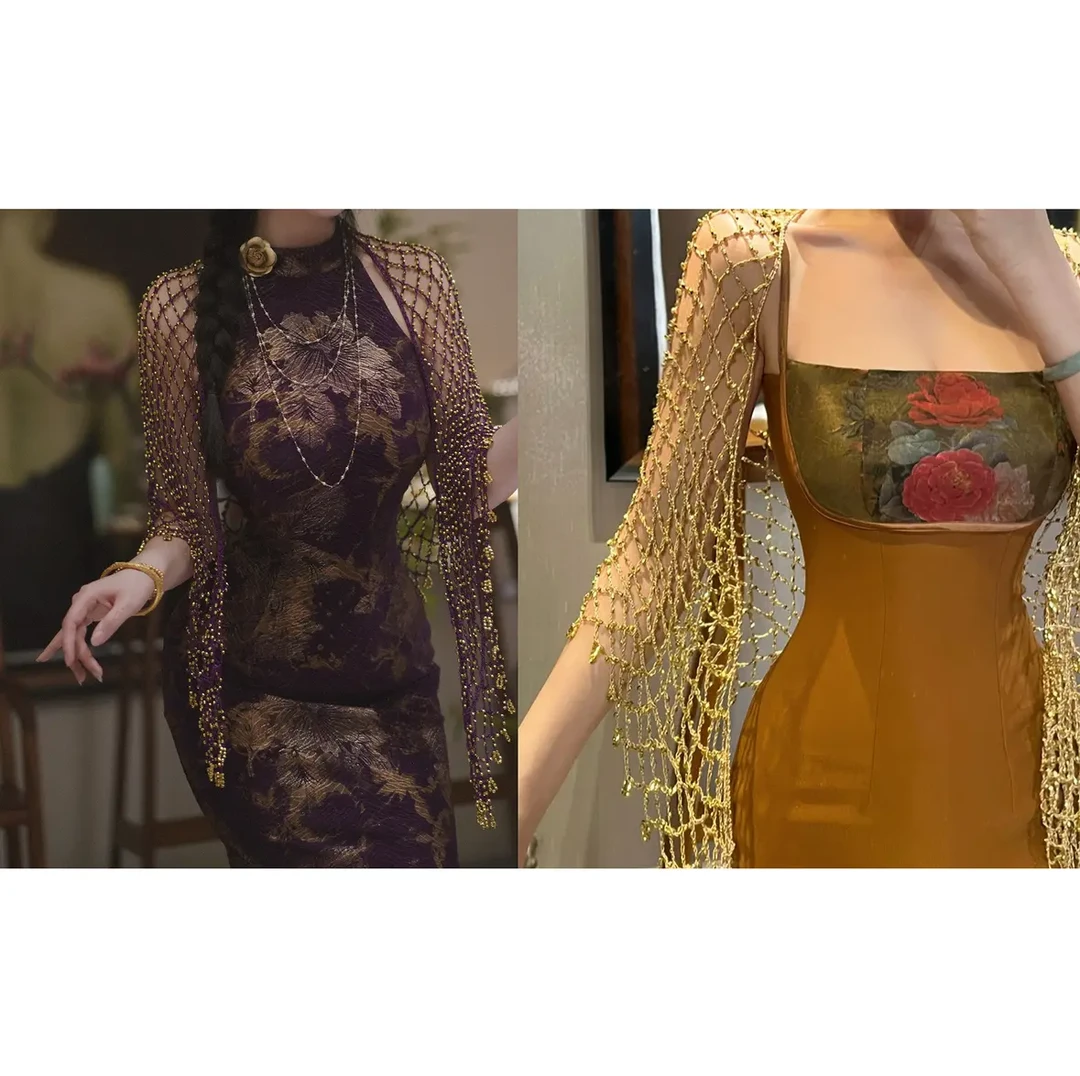 金色/紫色/蓝色手工钉珠披肩