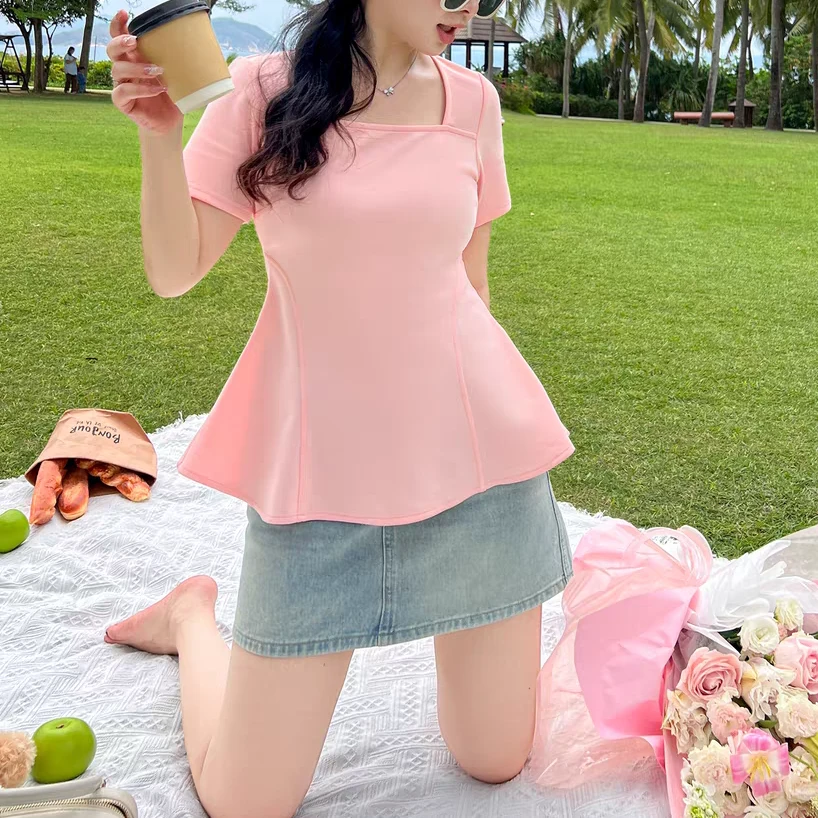 胖MM大静静 M25031时尚方领夏季新款洋气百搭显瘦上衣