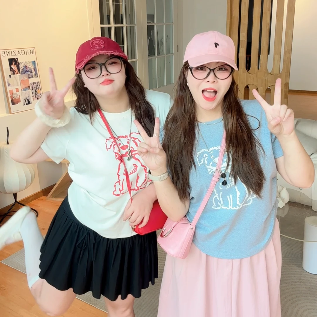 新款夏季大码微胖mm定制卡通狗狗涂鸦清新设计短袖