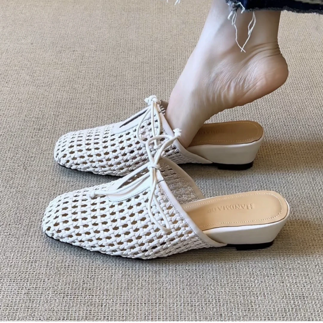 羊皮版~法式方头镂空编织绑带包头凉鞋女夏外穿一脚蹬镂空凉拖鞋