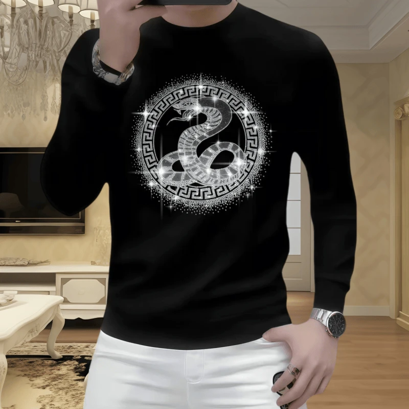 男士长袖上衣烫钻秋冬套头卫衣圆领时尚休闲百搭潮流修身打底外套