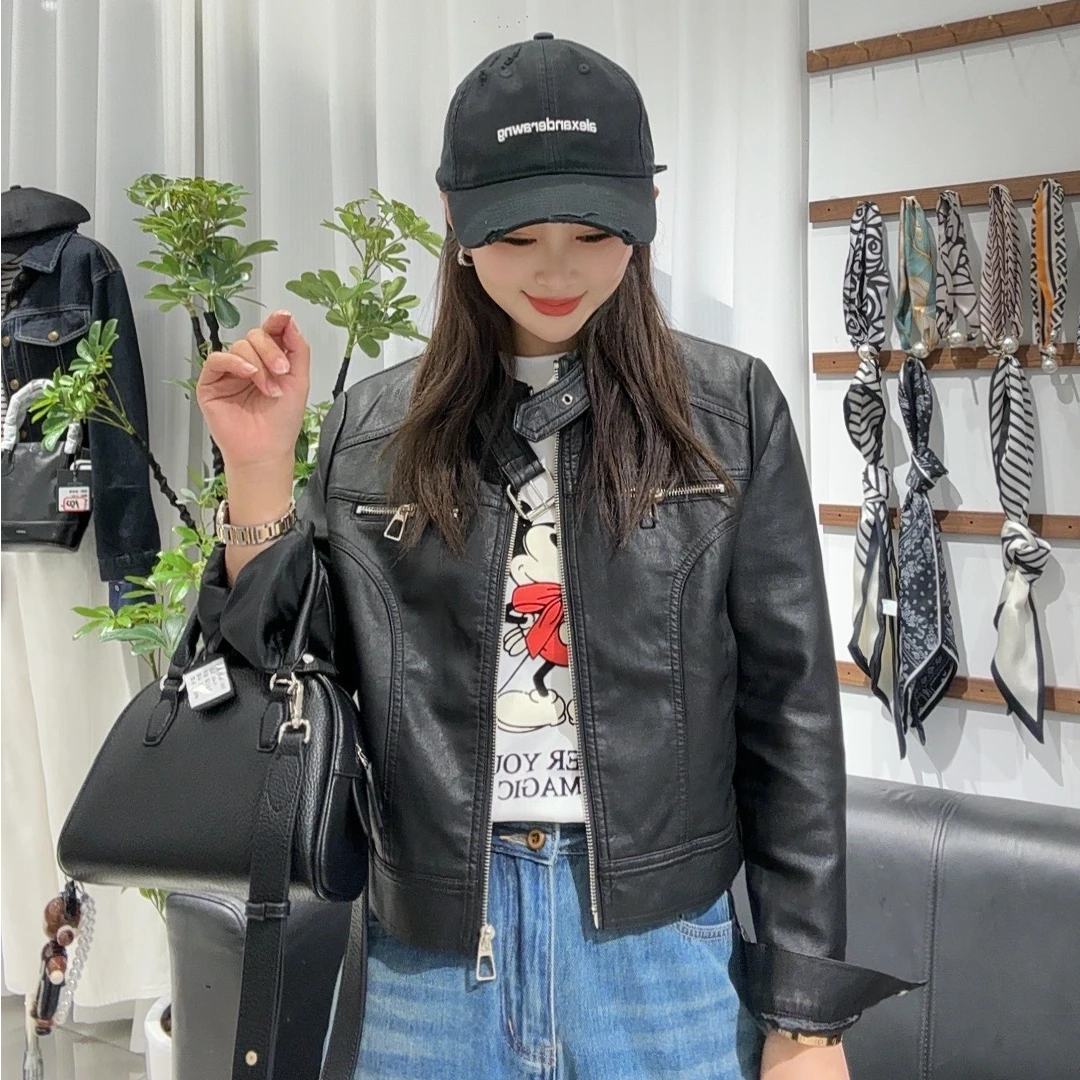 贝姐同款【03】圆领上衣短款立领拼接显瘦皮衣休闲XYL