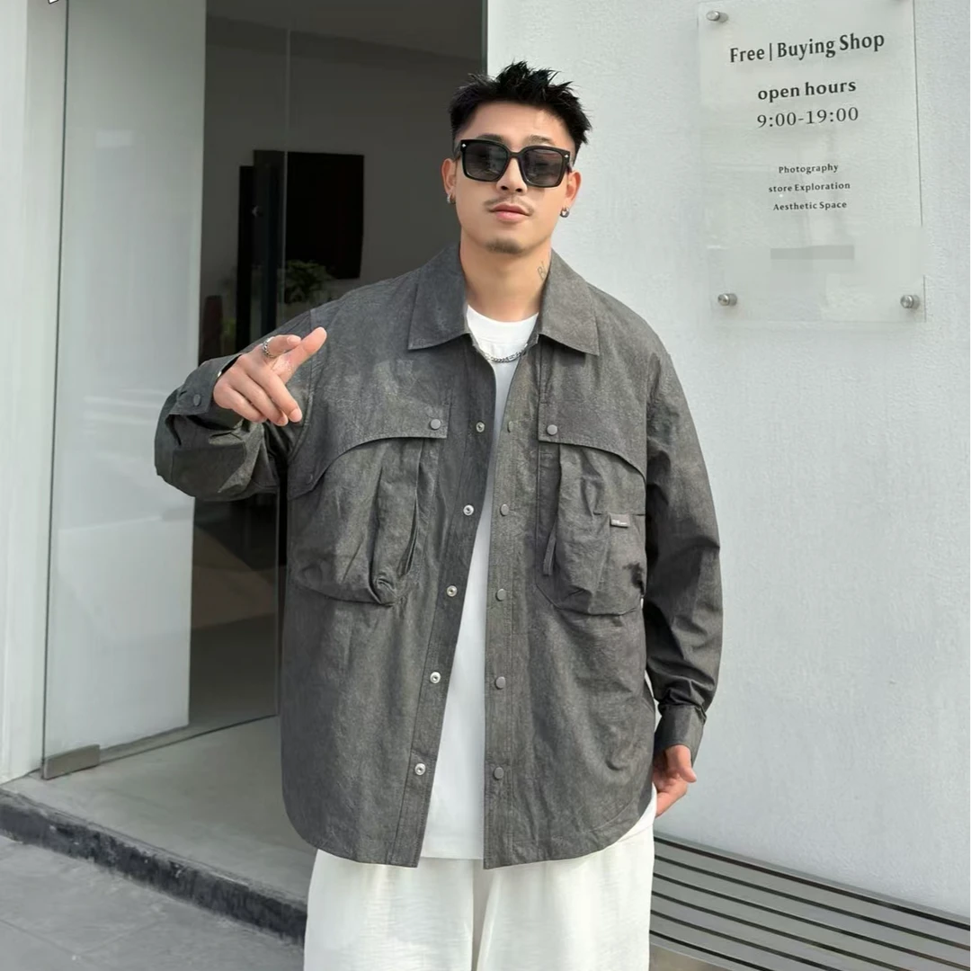 春秋款废土风洗水扎染痞帅衬衫外套男士复古翻领时尚宽松工装夹克