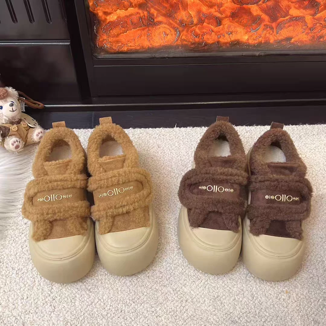 魔术贴厚底毛毛鞋女2025冬季新款圆头加绒面包鞋休闲板鞋棉鞋9902