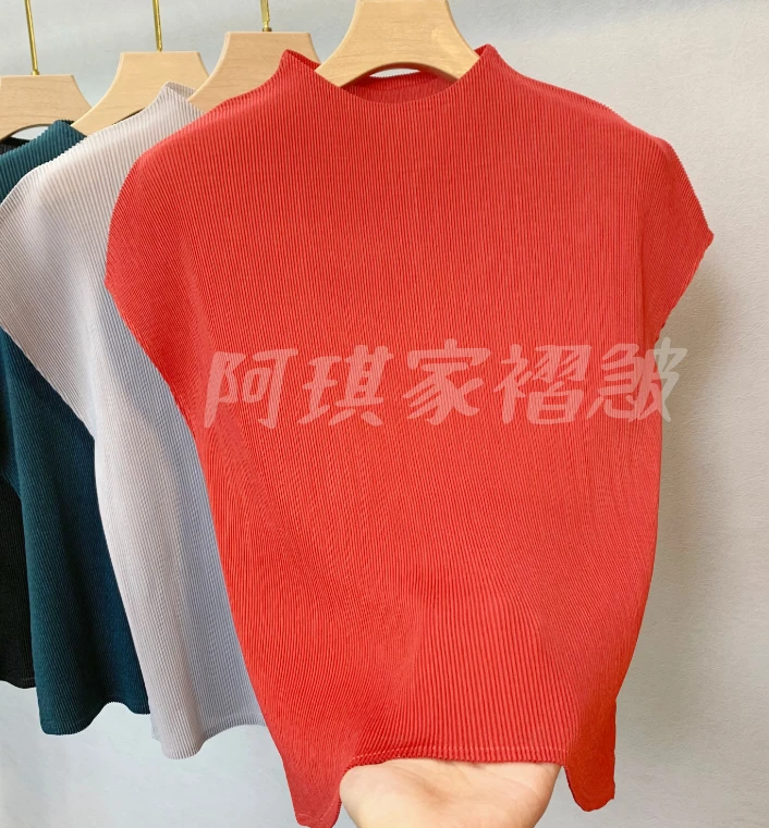 阿琪家基础款PPT恤抗皱短袖女士短款纯色T恤极简风褶皱时尚红色