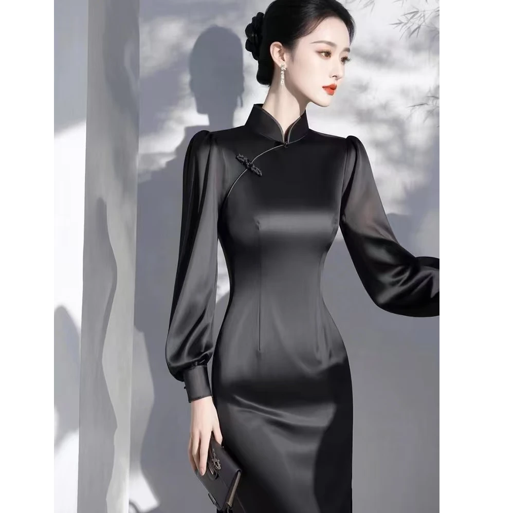 黑色盘扣连衣裙春季新中式国风改良旗袍端庄大气女神范轻奢高级感