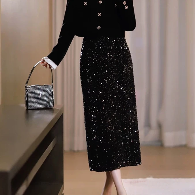 深圳南油时尚亮片半身裙休闲女装爆款气质新款裙子百搭洋气黑色