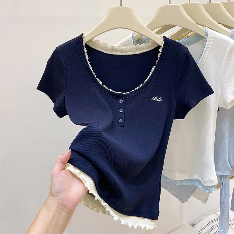 卡莲格/大码T恤女2025夏装撞色刺绣木耳边短袖微胖mm内搭显瘦上衣