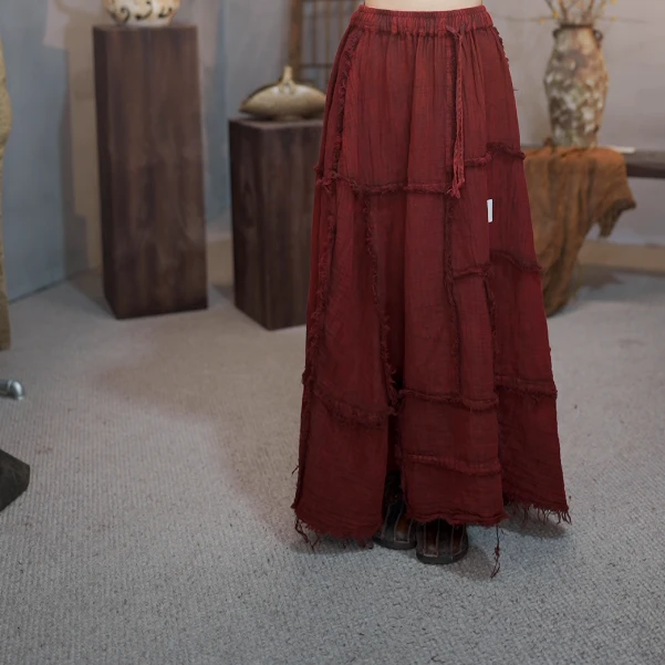 双层纱麻料多片拼接毛边半身裙