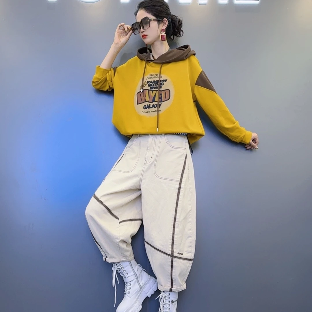 W73早春款【黄 黑 白】连帽拼接卫衣-撞色线条设计牛仔裤