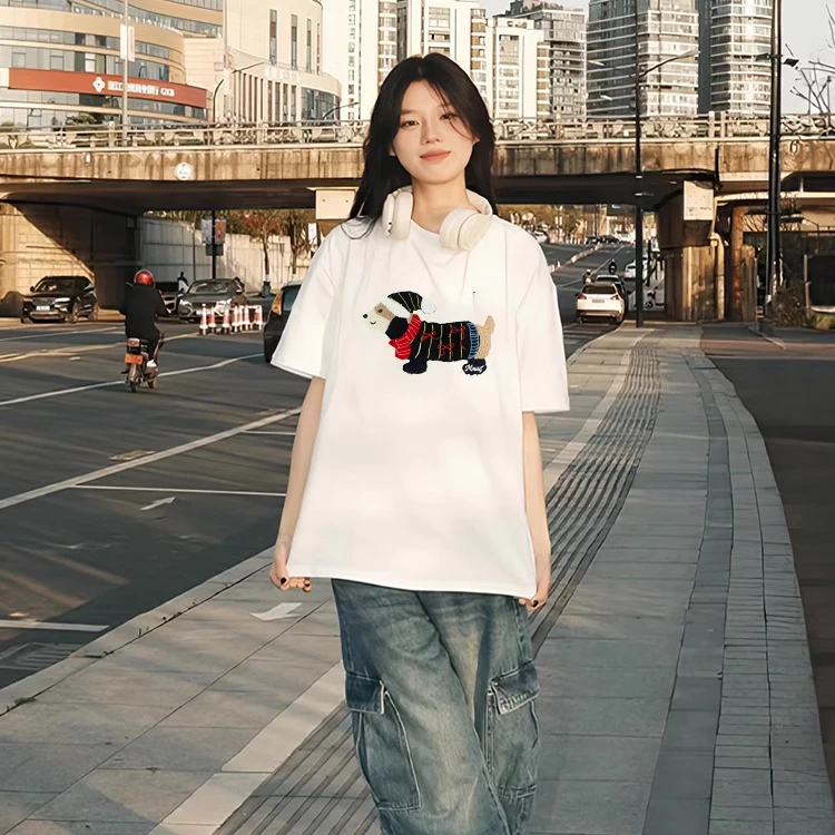 条纹狗卡通刺绣宽松圆领纯棉T恤ins春夏季休闲宽松百搭上衣