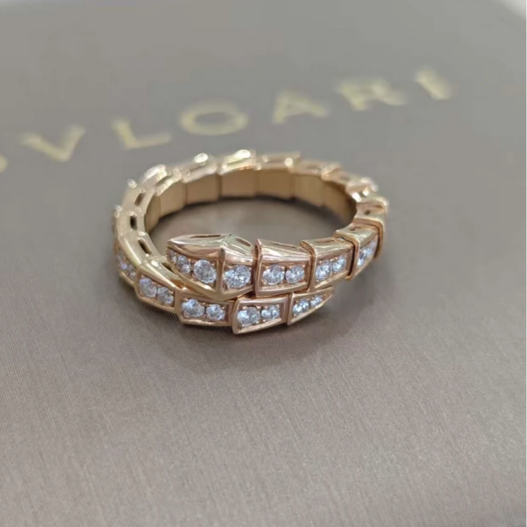 99新 BVLGARI/宝格丽 小花6珊  单圈 蛇骨满钻  玫瑰金戒指 M码