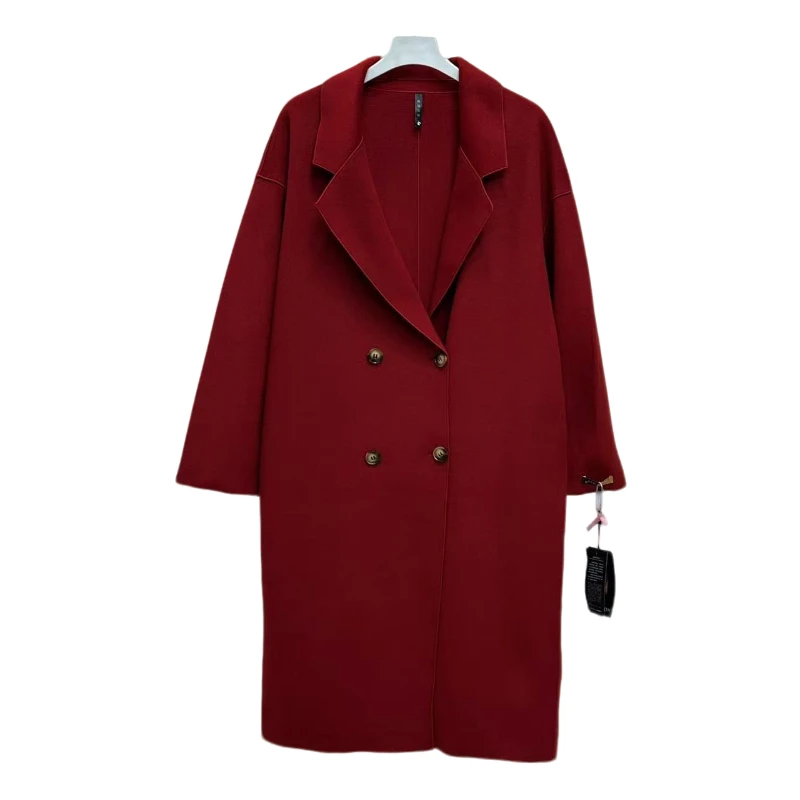 199红色大翻领双排扣茧形双面羊毛大衣女
