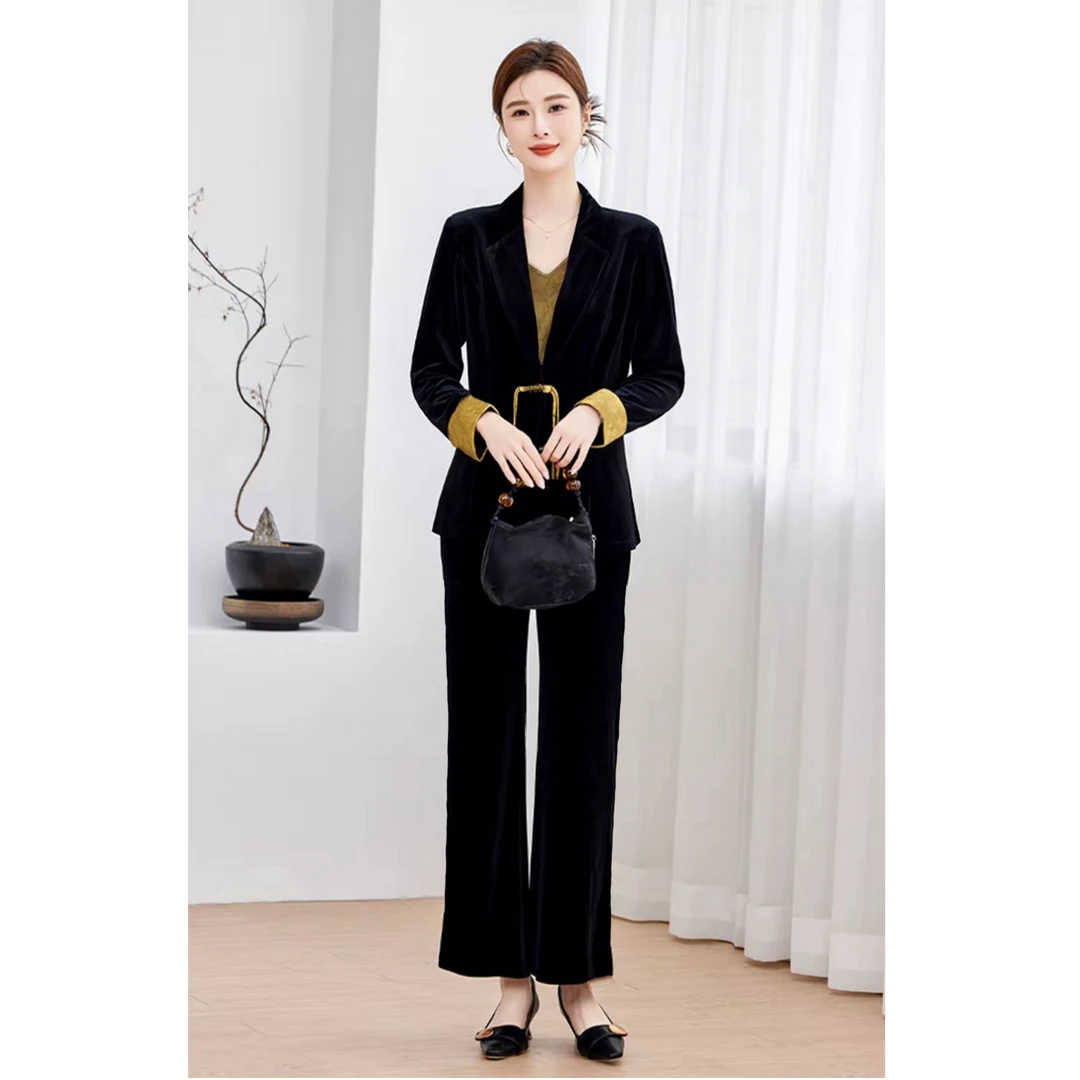 新款高端国风撞色西服外套V领衬衫阔腿裤时尚三件套TA149