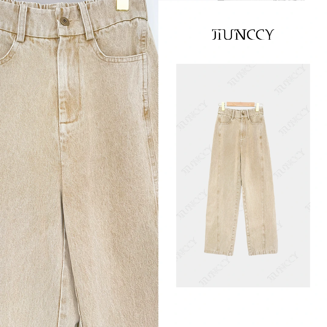 JIUNCCY【卡牛】复古雪花纹斜侧缝显瘦后松紧休闲长裤 52YCK008