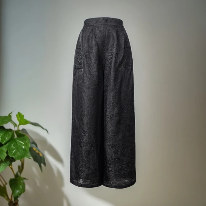 七七 25春夏款四经绞萝腰果花腰缠万贯休闲百搭高腰阔腿裤KZ2501