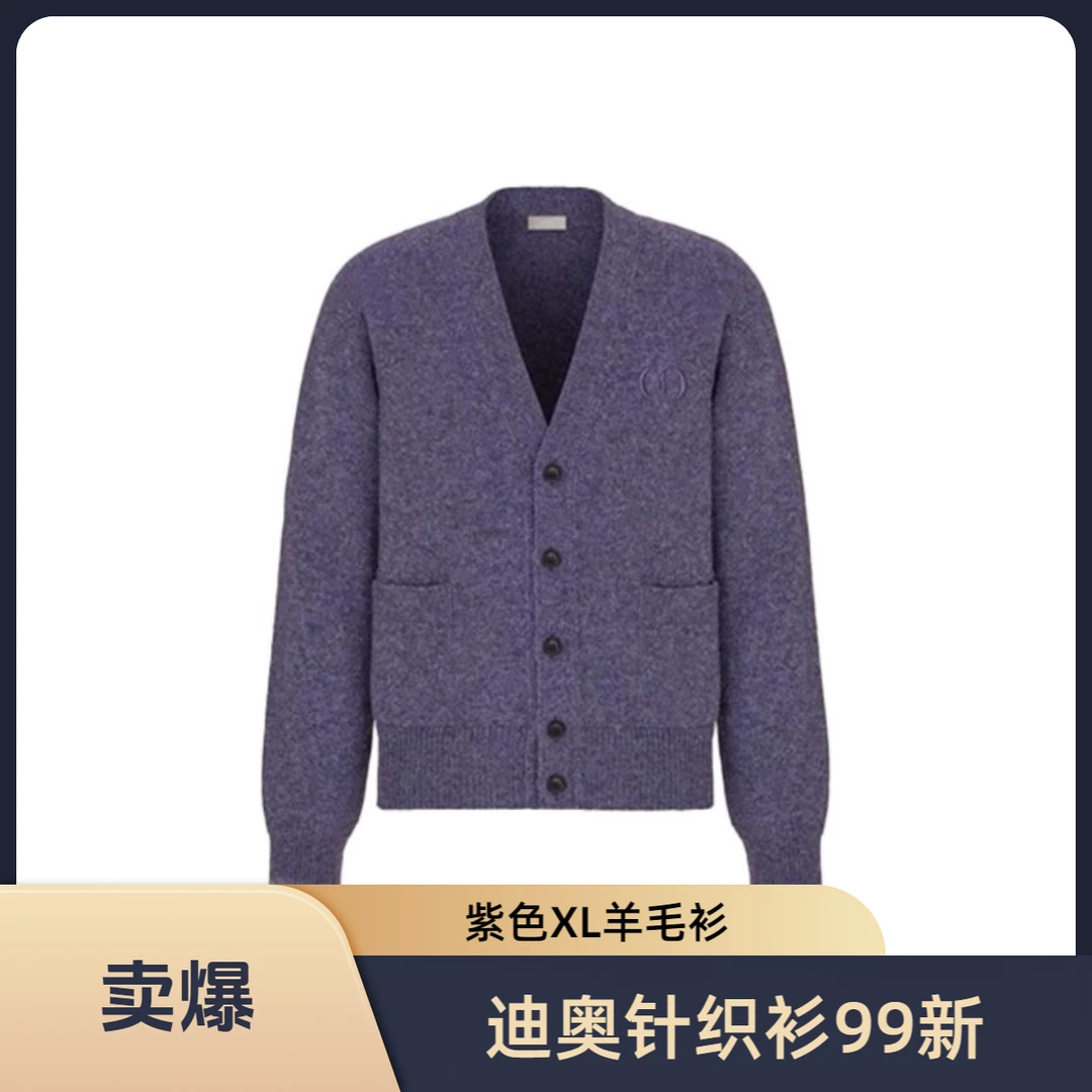 99新 DIOR/迪奥 CD刺绣Logo/纯色V领/羊毛衫针织衫/紫色/XL码