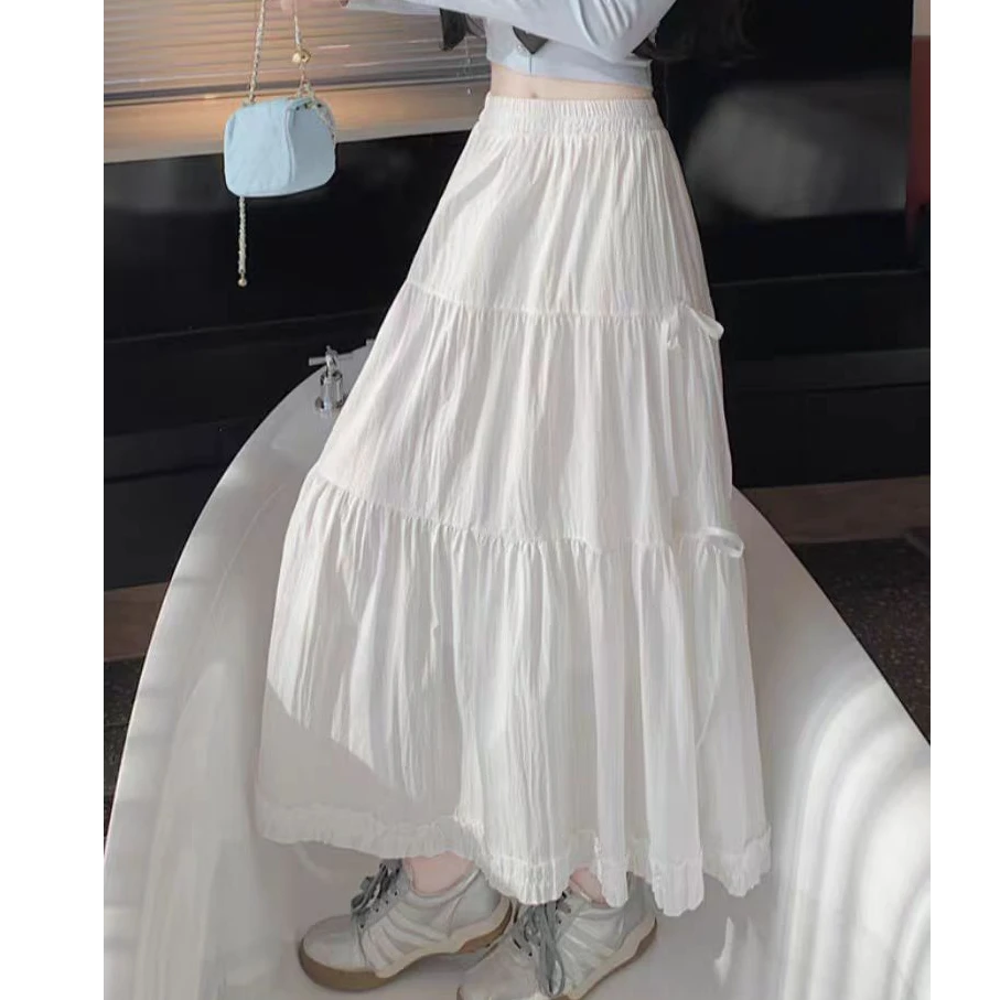 白色甜美风蝴蝶结系带半身裙女早春松紧腰显瘦a字蛋糕裙大摆伞裙