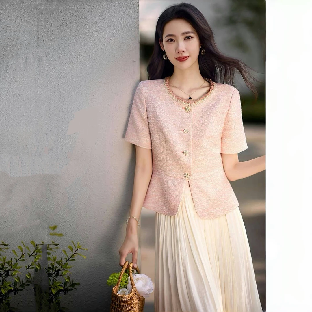 【纪朵研】1155透气小香风套装女夏收腰显瘦通勤短上衣＋裙子两件套