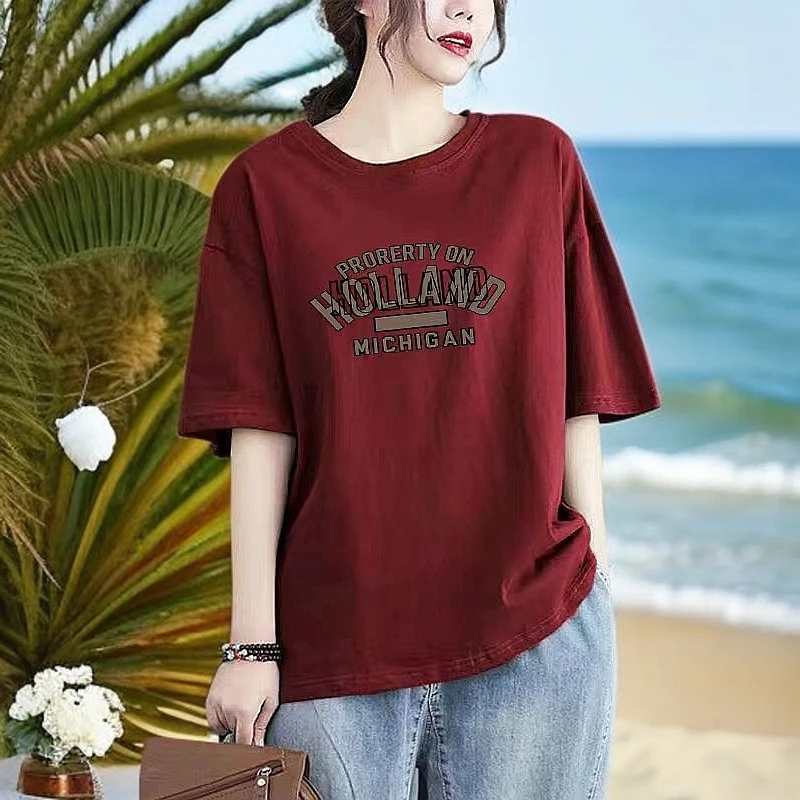 纯棉中长t恤100%纯棉粉色t恤女2025新款爆款简约时尚宽松短袖上衣