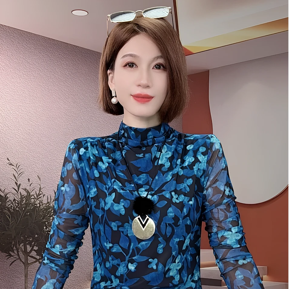 秋冬高级感蓝色网纱印花打底小衫女秋季欧货大牌气质宽松高领上衣