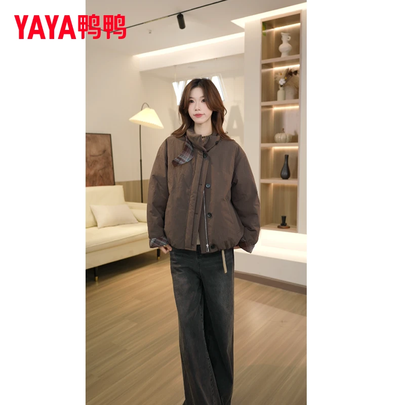 YAYA/鸭鸭常规拉链女厚款短款宽松型春秋加厚上衣保暖羽绒服复古