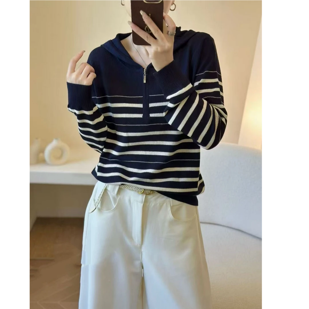 【Y.Z】连帽条纹长袖针织毛衫打底卫衣5271