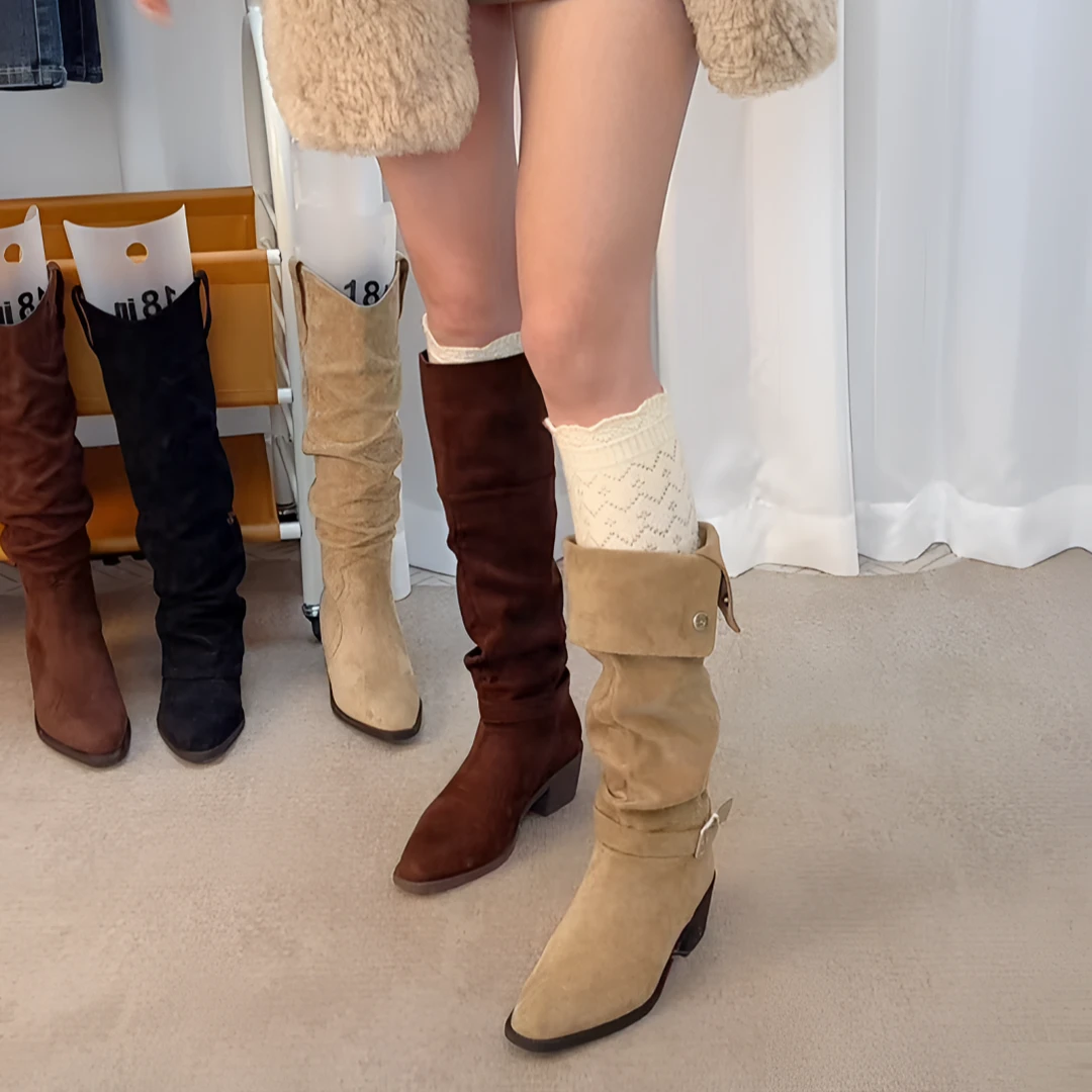 【一靴三穿】翻折多种穿法尖头堆堆长筒靴显瘦显腿长牛仔风时尚百搭