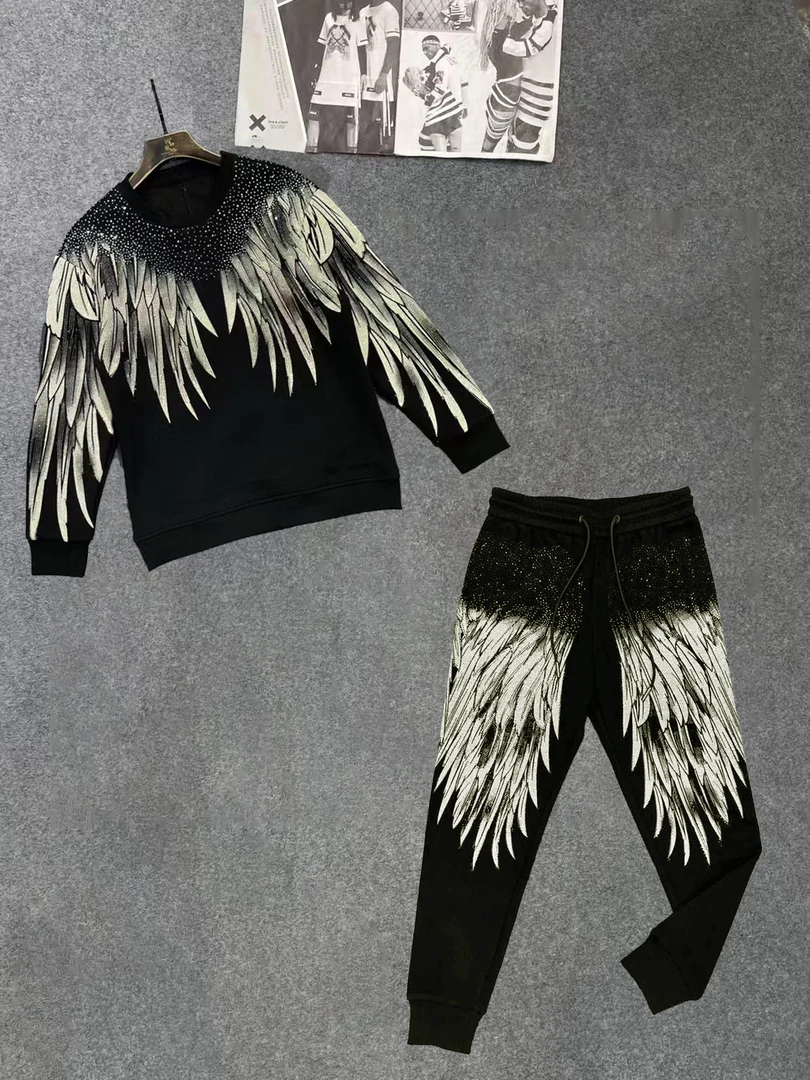 11872#+11860#新款长袖潮牌百搭翅膀点钻酷黑男女同款休闲痞帅