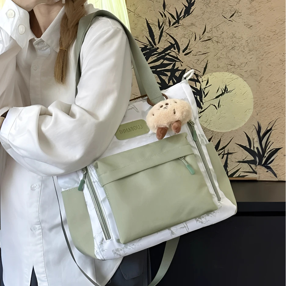 高颜值日系托特包女大容量学生上课补习拎书袋水墨印花单肩斜挎包